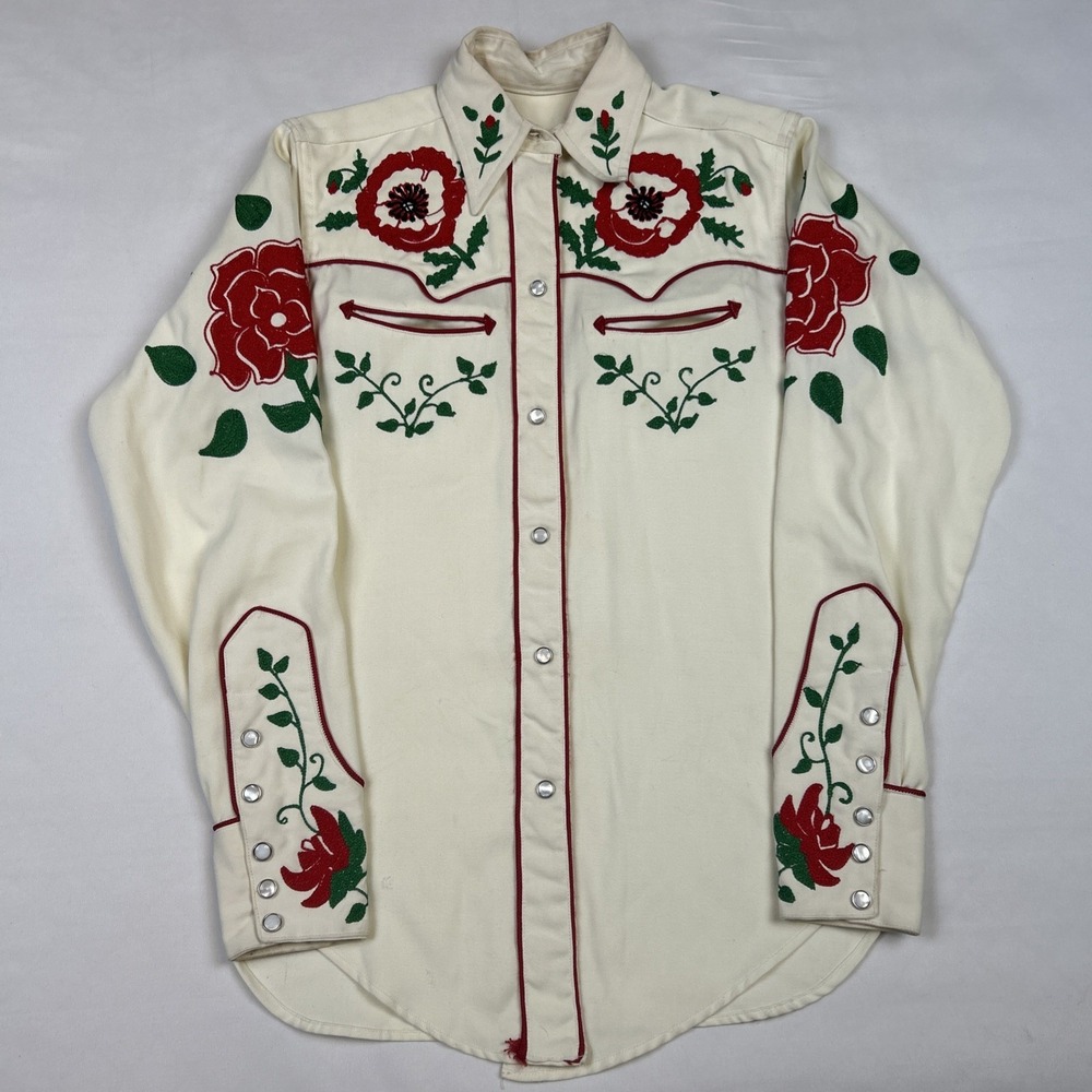 VTG 1950s Pearl Snap Western Shirt Ivory Chainstitch Embroidered Floral Roses